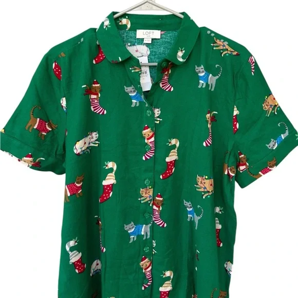 NWT The LOFT Cat Kittens Christmas Pajama Top - Size Medium - Green - Picture 5 of 12